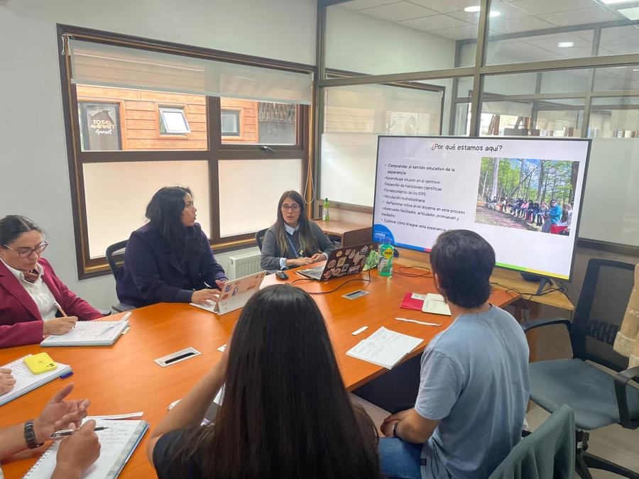 Reunión de trabajo con docentes frente a una presentación sobre la experiencia